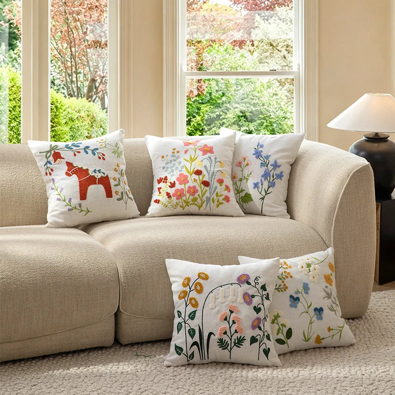 Decorative Pillow Embroidered Botanical Linen Blend 18x18