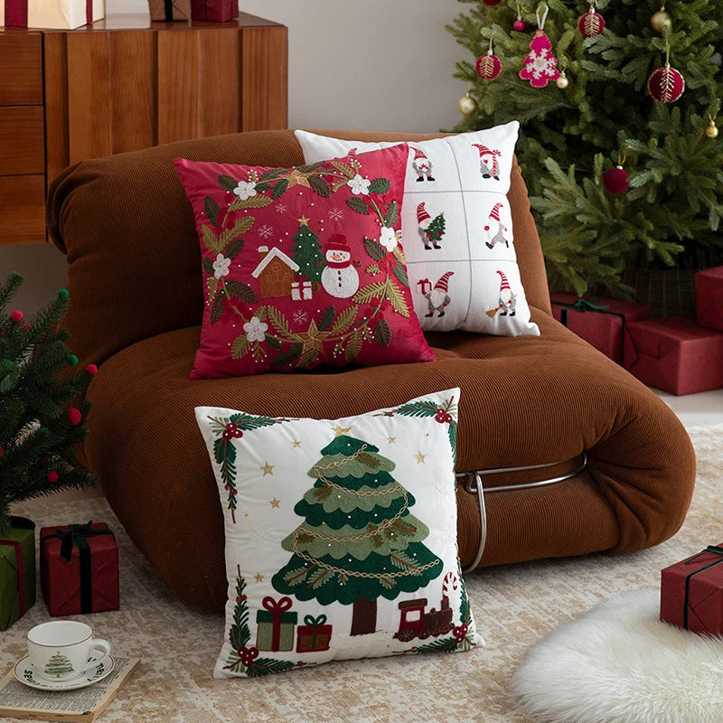 Decorative Pillow Embroidered Reindeer & Fir Removable Cover