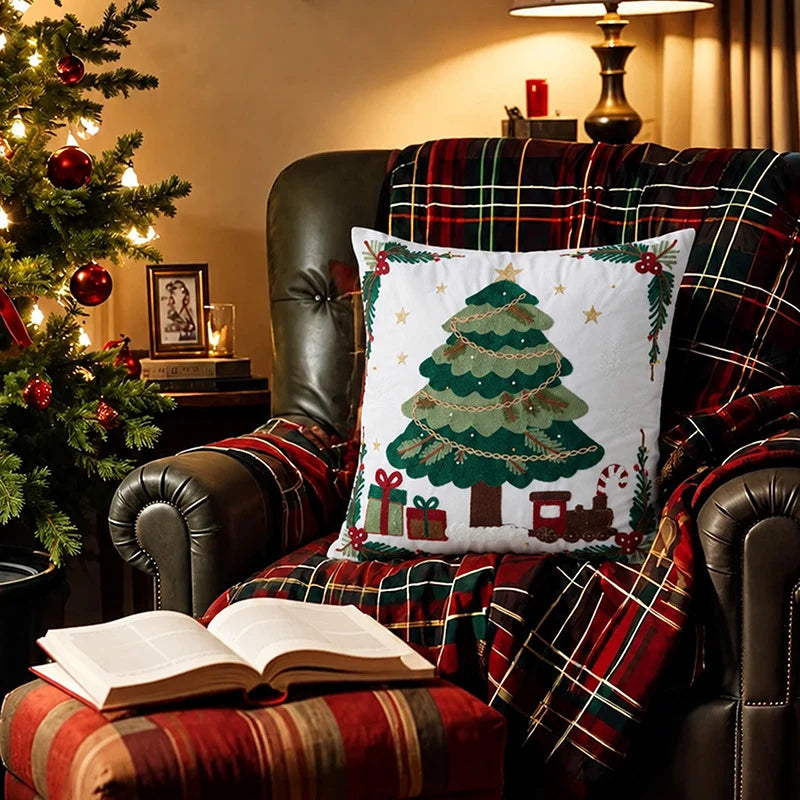 Decorative Pillow Embroidered Reindeer & Fir Removable Cover