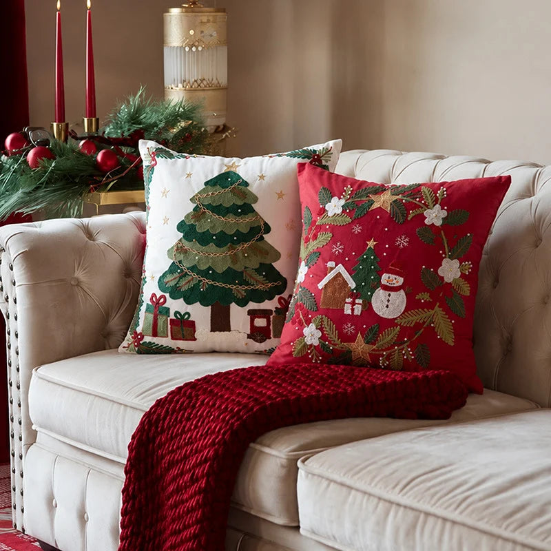 Decorative Pillow Embroidered Reindeer & Fir Removable Cover