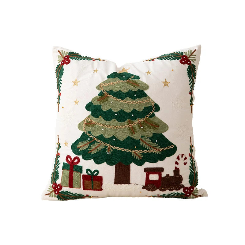 Decorative Pillow Embroidered Reindeer & Fir Removable Cover
