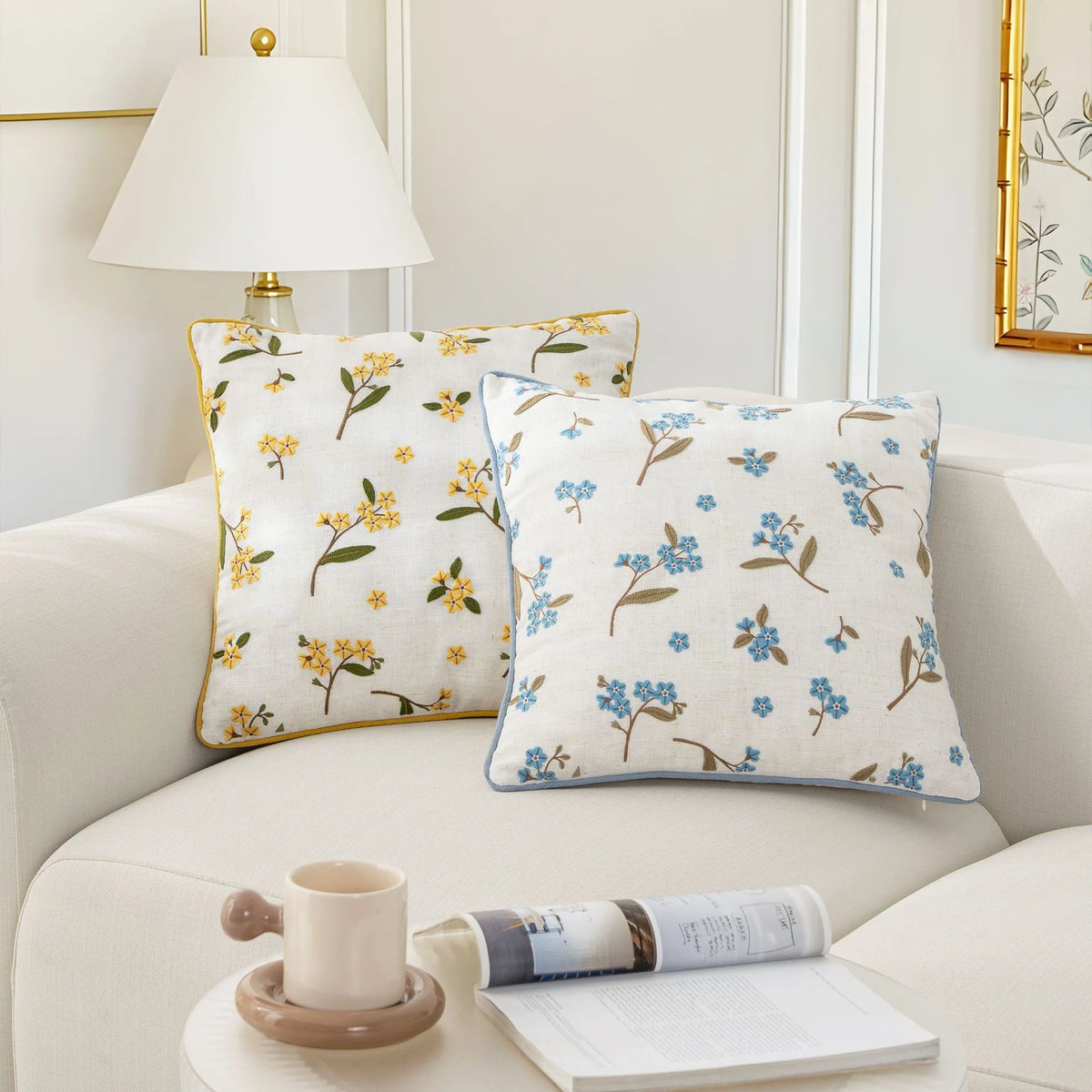 Decorative Pillow Linen Blend Floral Embroidery Removable Cover