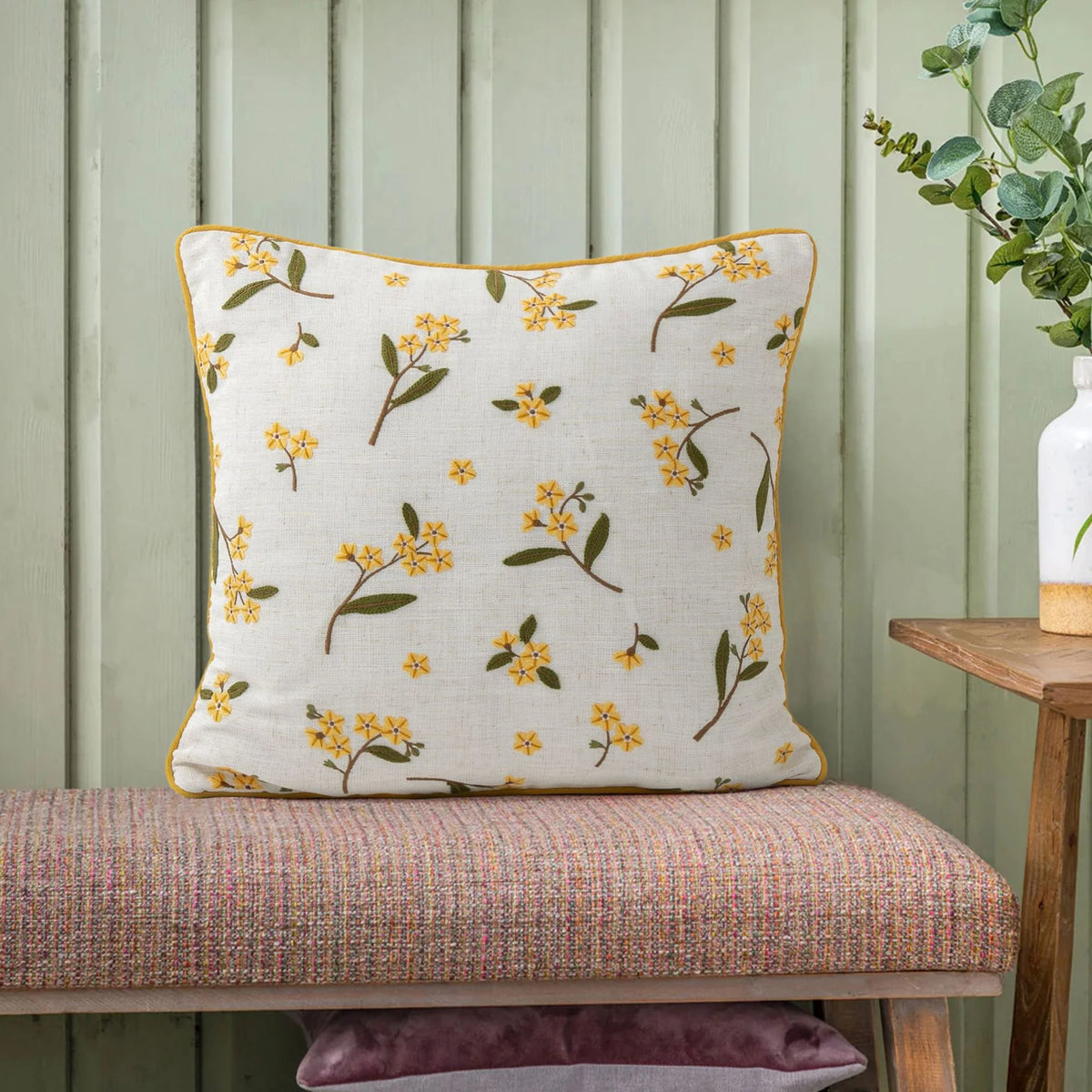 Decorative Pillow Linen Blend Floral Embroidery Removable Cover