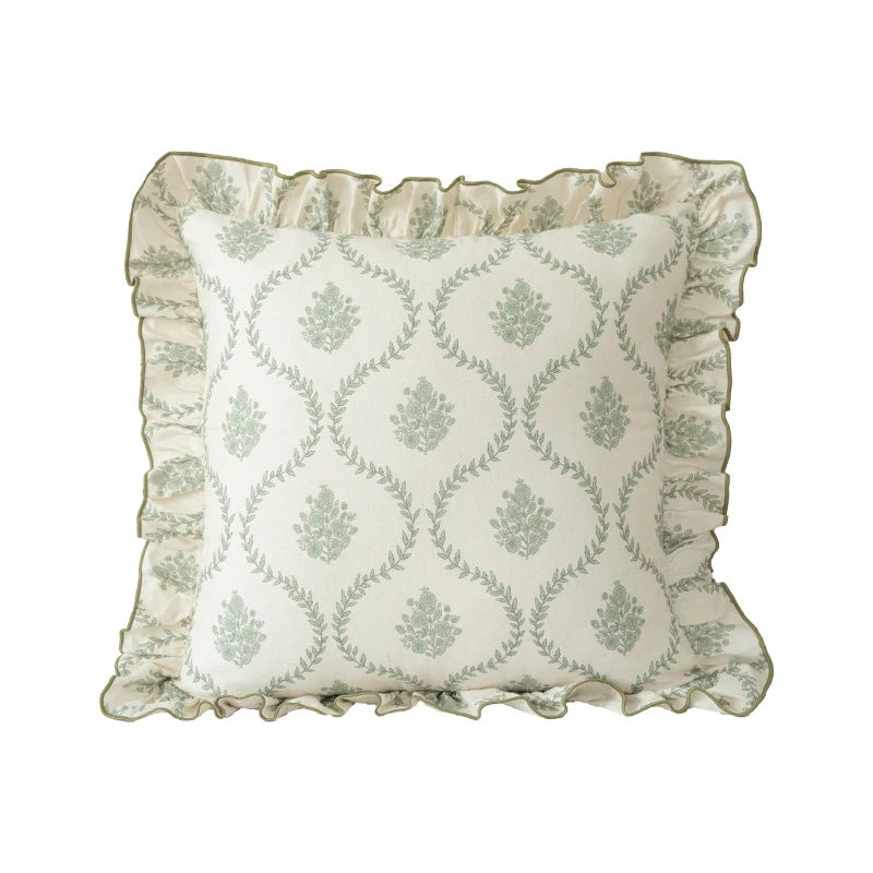 Decorative Pillow Linen-Look Floral Ruffle Removable Cover