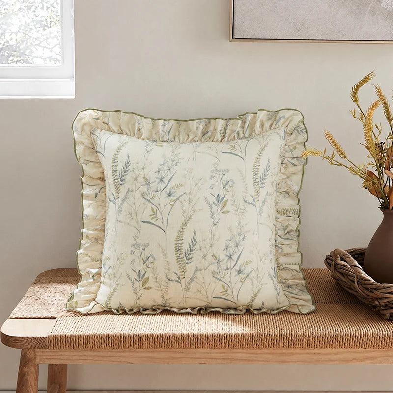 Decorative Pillow Linen-Look Floral Ruffle Removable Cover