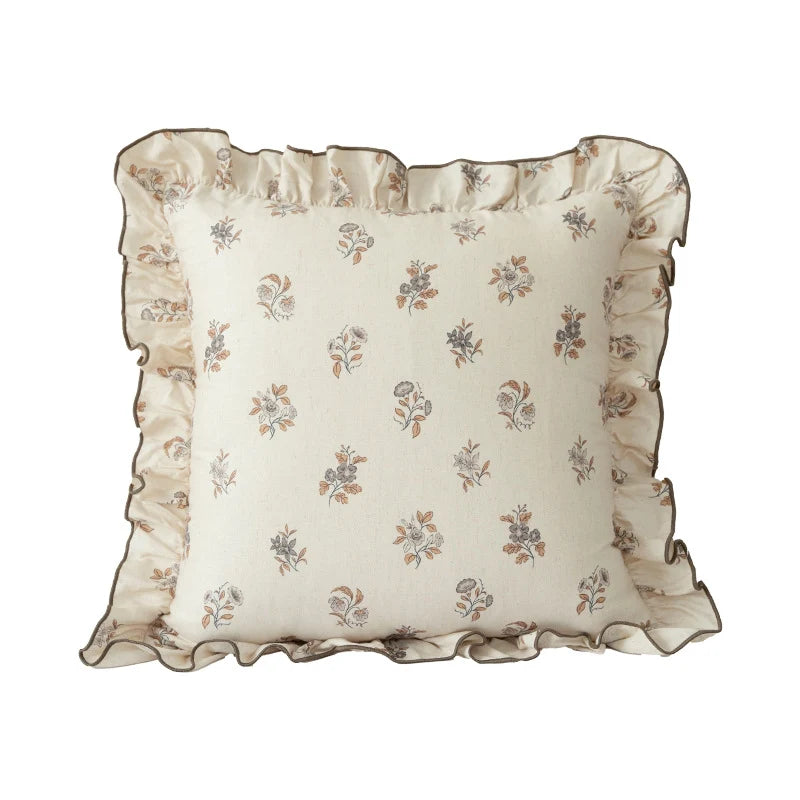 Decorative Pillow Linen-Look Floral Ruffle Removable Cover
