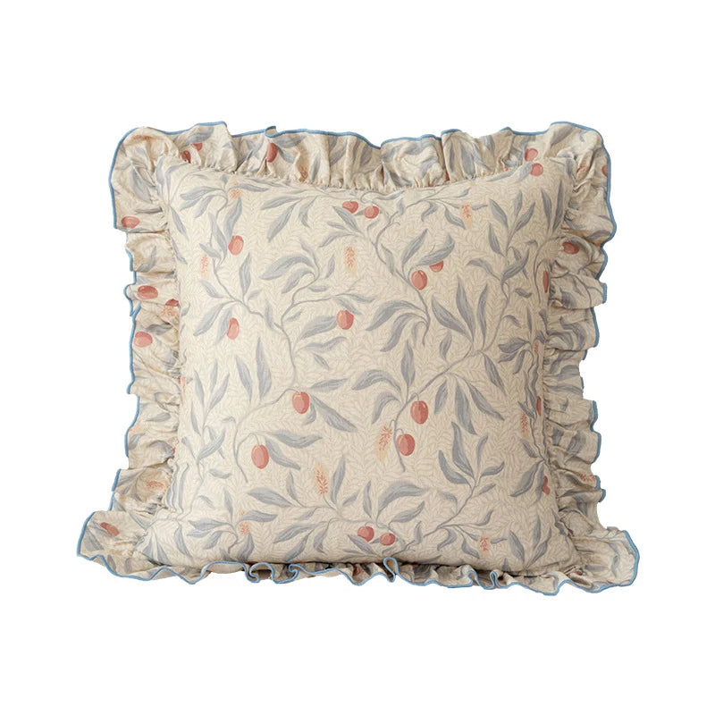 Decorative Pillow Linen-Look Floral Ruffle Removable Cover