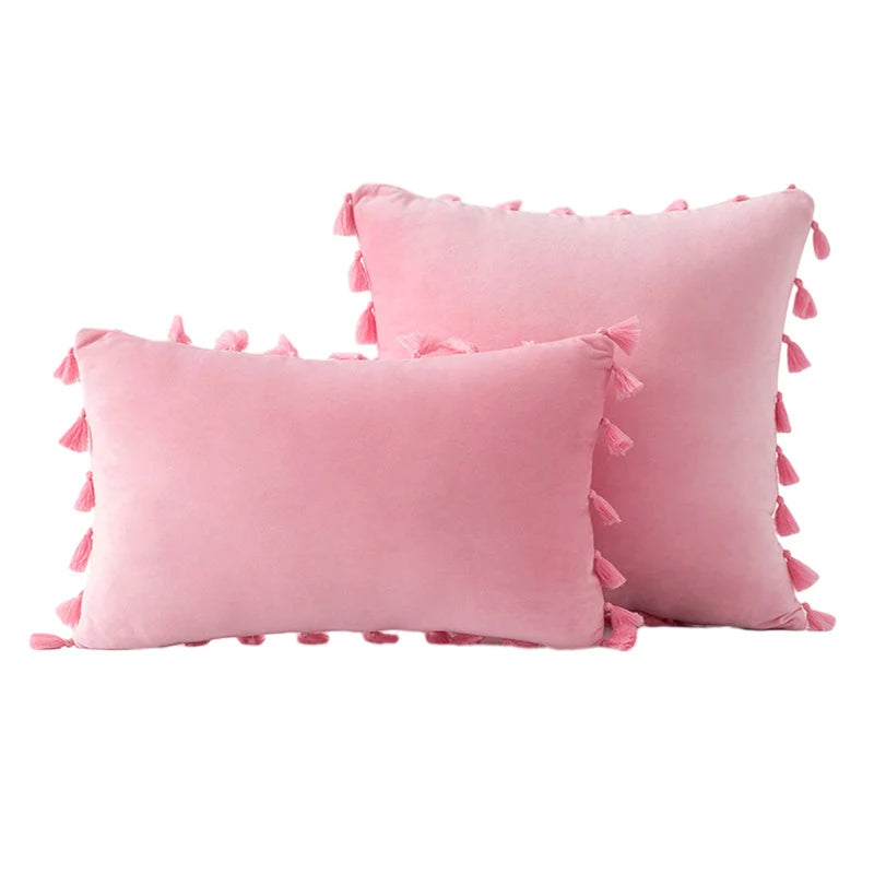 Decorative Pillow Set Velvet Tassel Trim Plush Inserts