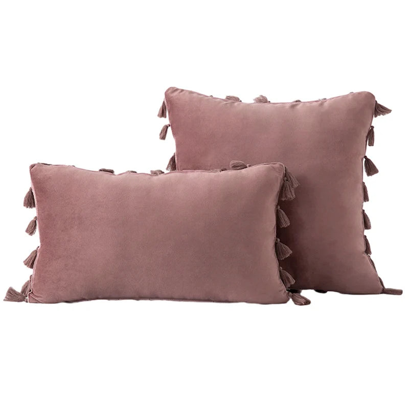 Decorative Pillow Set Velvet Tassel Trim Plush Inserts