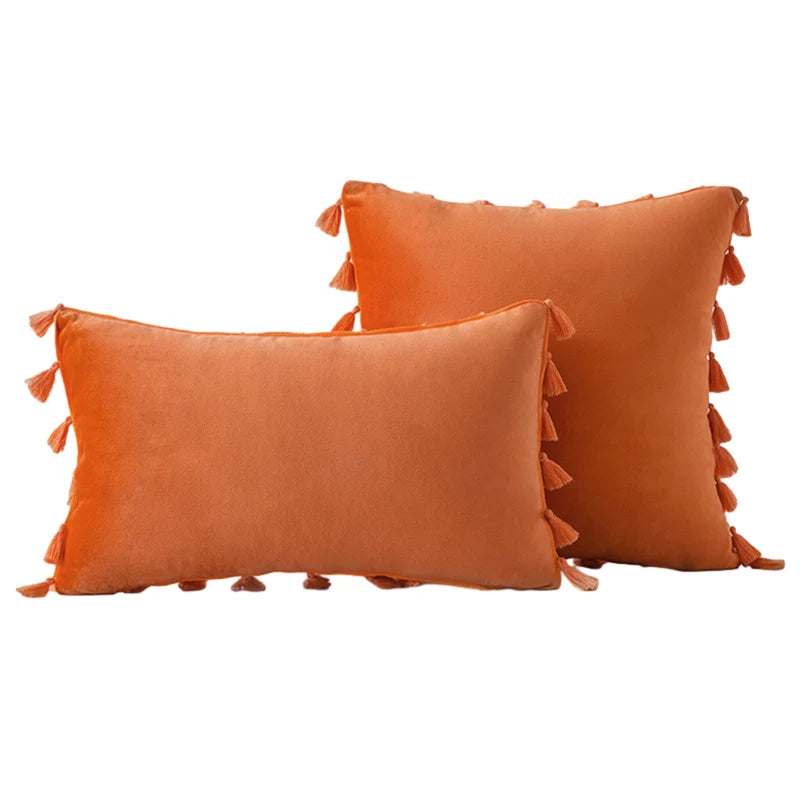 Decorative Pillow Set Velvet Tassel Trim Plush Inserts