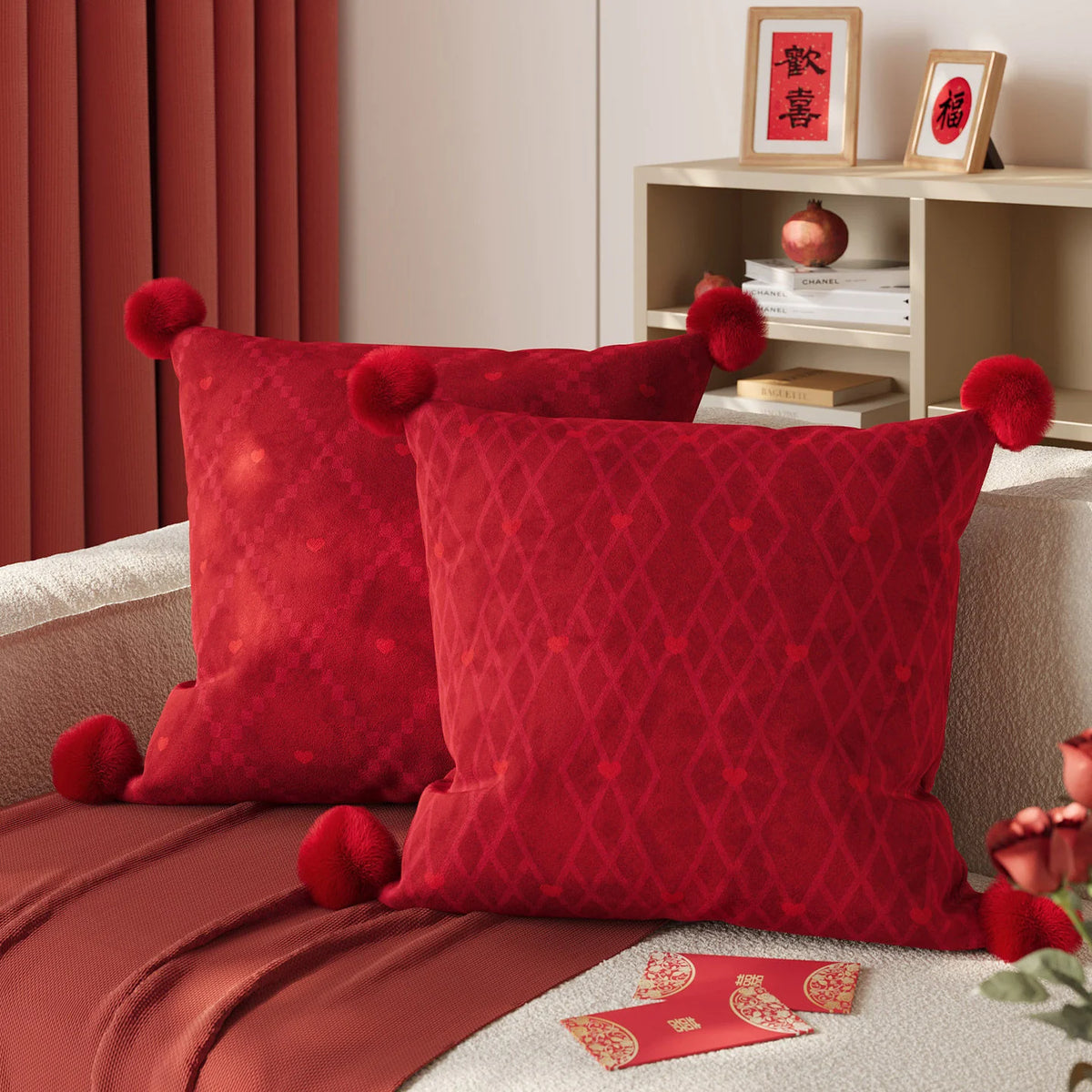 Decorative Pillow Velvet Jacquard Heart Faux-Fur Pom-Poms Removable Cover
