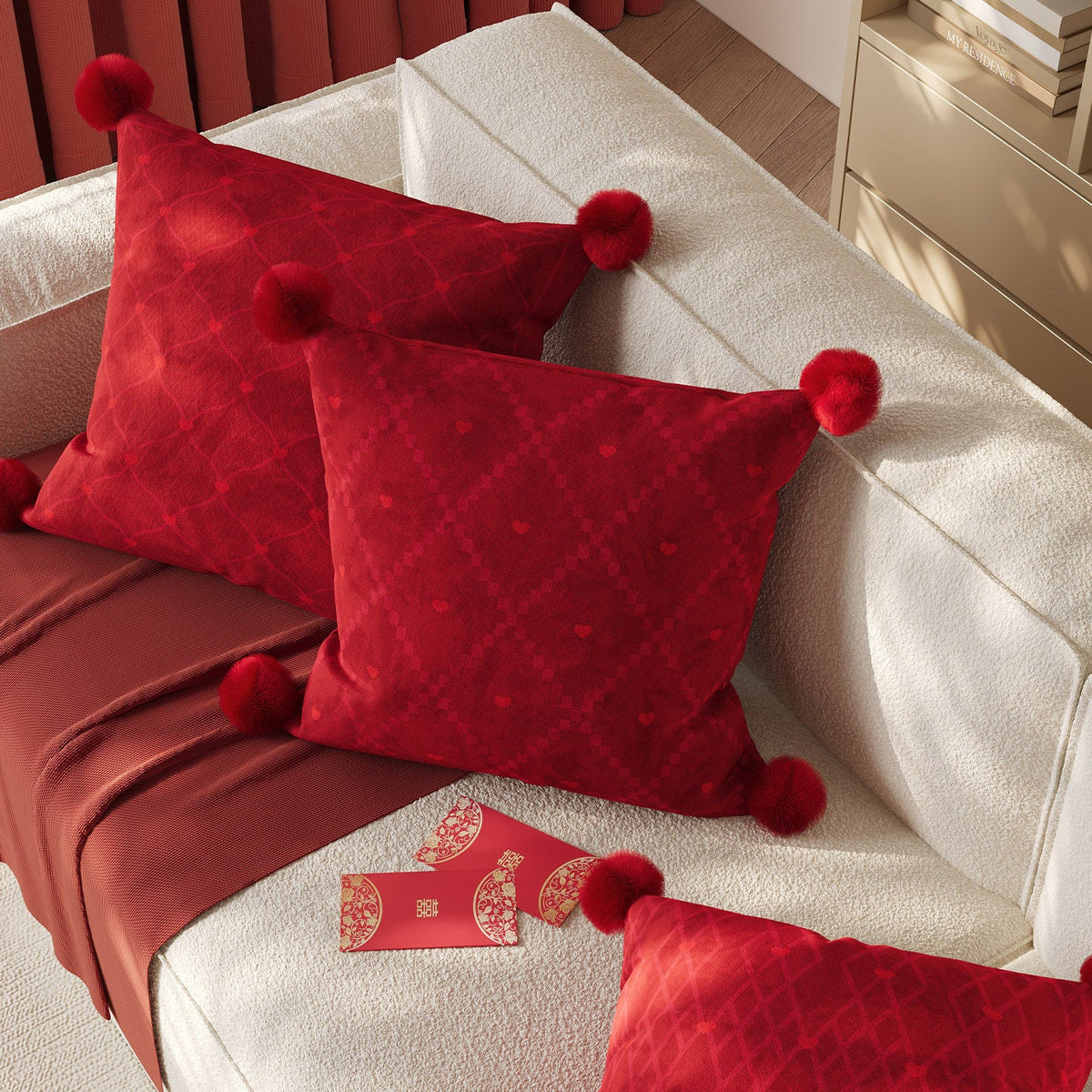 Decorative Pillow Velvet Jacquard Heart Faux-Fur Pom-Poms Removable Cover