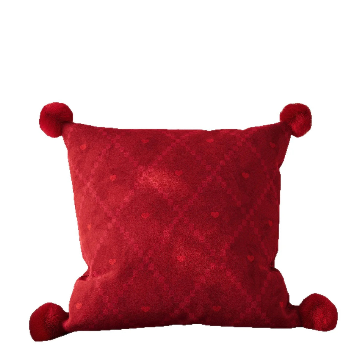 Decorative Pillow Velvet Jacquard Heart Faux-Fur Pom-Poms Removable Cover