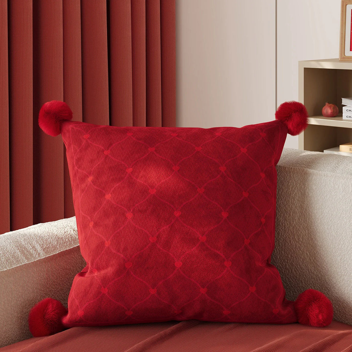 Decorative Pillow Velvet Jacquard Heart Faux-Fur Pom-Poms Removable Cover
