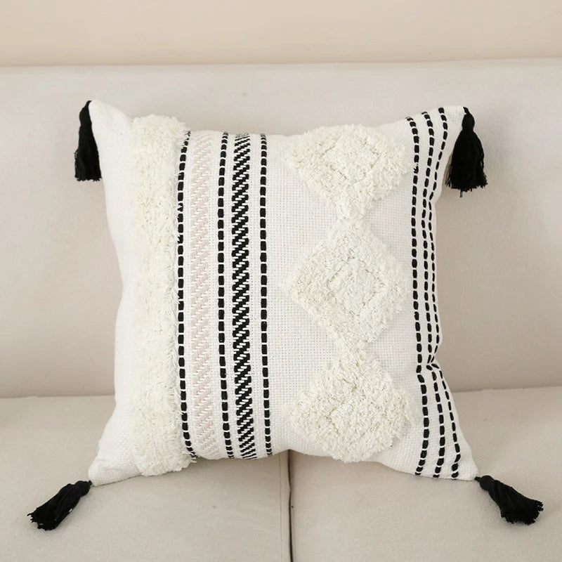 Decorative Throw Pillow Cotton-Blend Hand-Tufted Embroidery & Tassels