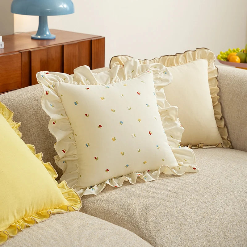 Decorative Throw Pillow Embroidered Floral & Ruffled Edge