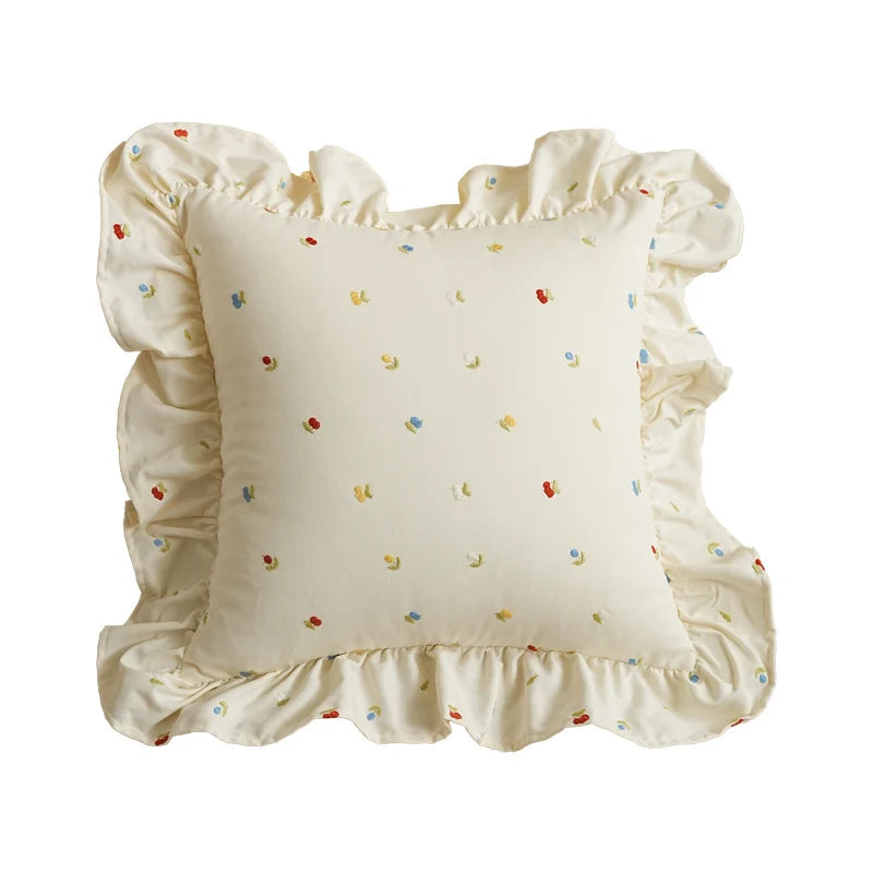 Decorative Throw Pillow Embroidered Floral & Ruffled Edge