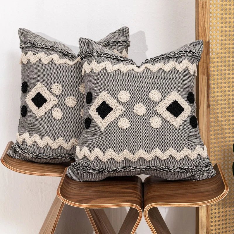 Decorative Throw Pillow Handwoven Tufted Cotton-Blend Removable Zip Cover