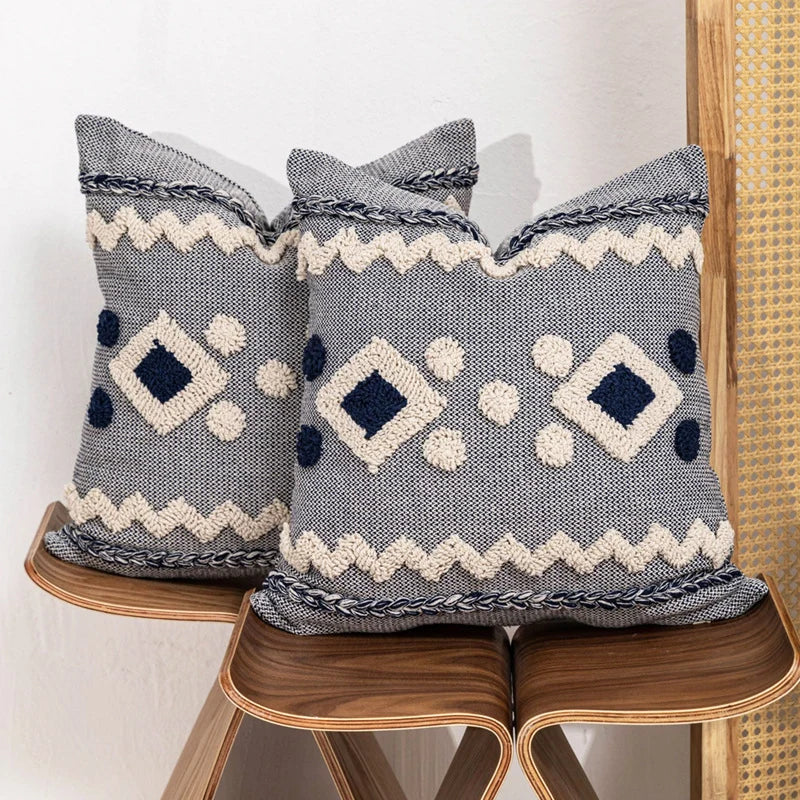 Decorative Throw Pillow Handwoven Tufted Cotton-Blend Removable Zip Cover