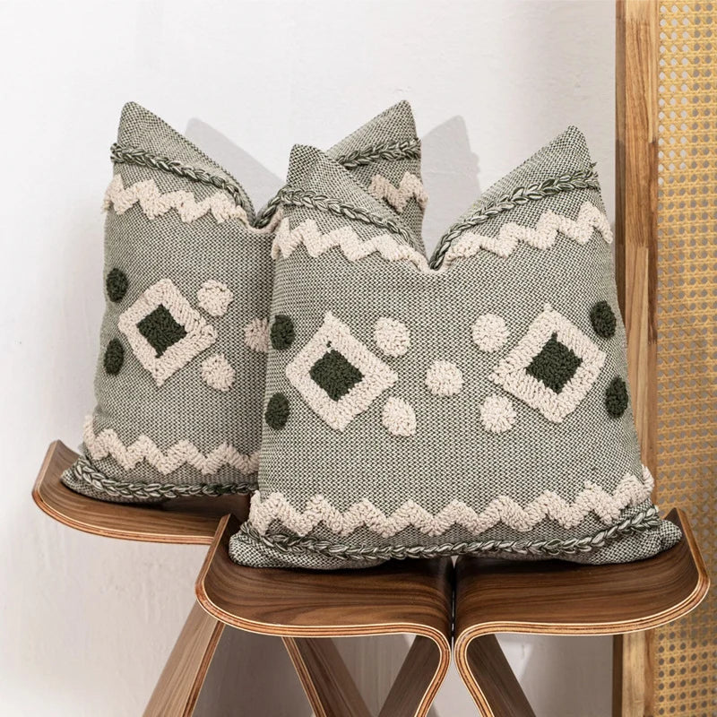 Decorative Throw Pillow Handwoven Tufted Cotton-Blend Removable Zip Cover