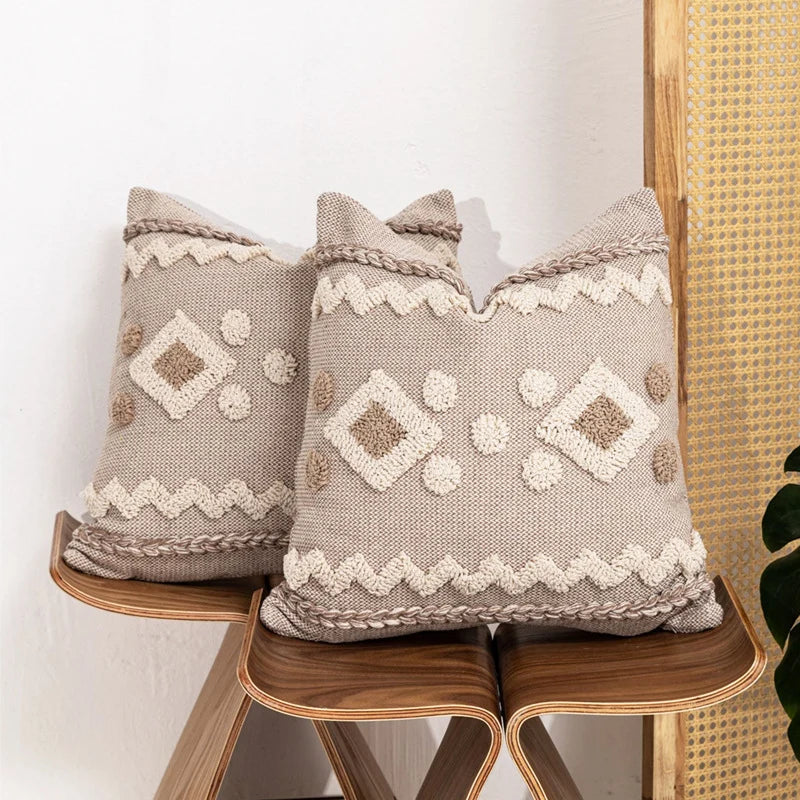 Decorative Throw Pillow Handwoven Tufted Cotton-Blend Removable Zip Cover