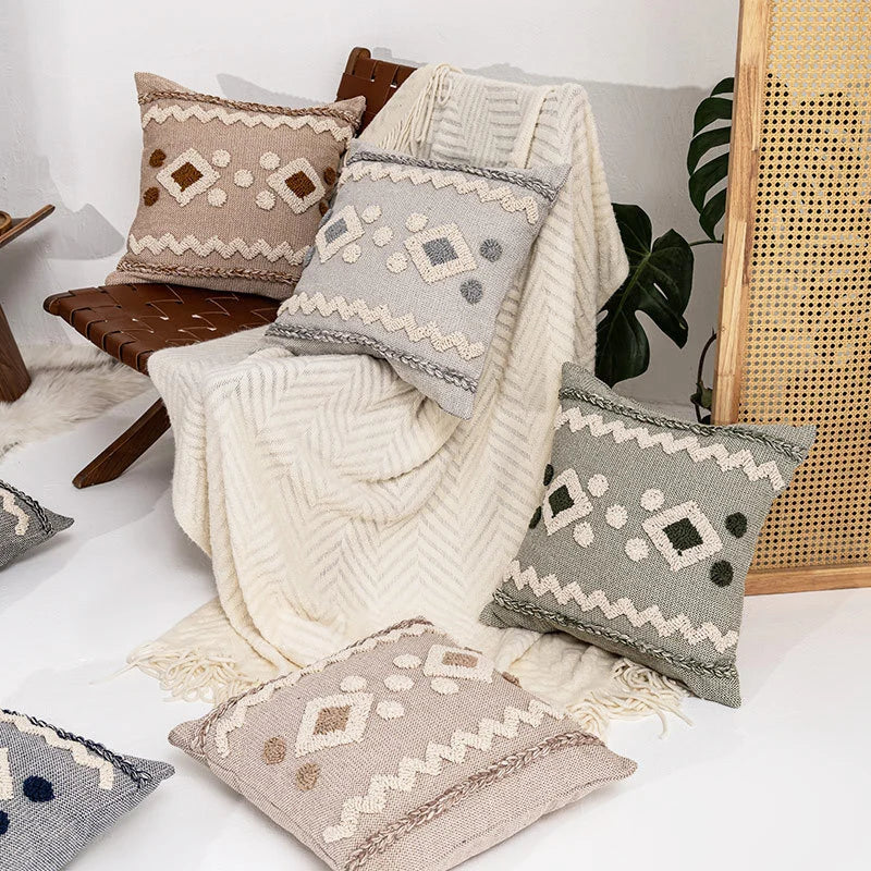 Decorative Throw Pillow Handwoven Tufted Cotton-Blend Removable Zip Cover