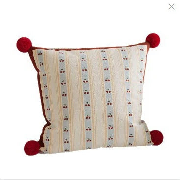 Decorative Throw Pillow Heart Stripe & Pom-Pom Machine-Washable Cover