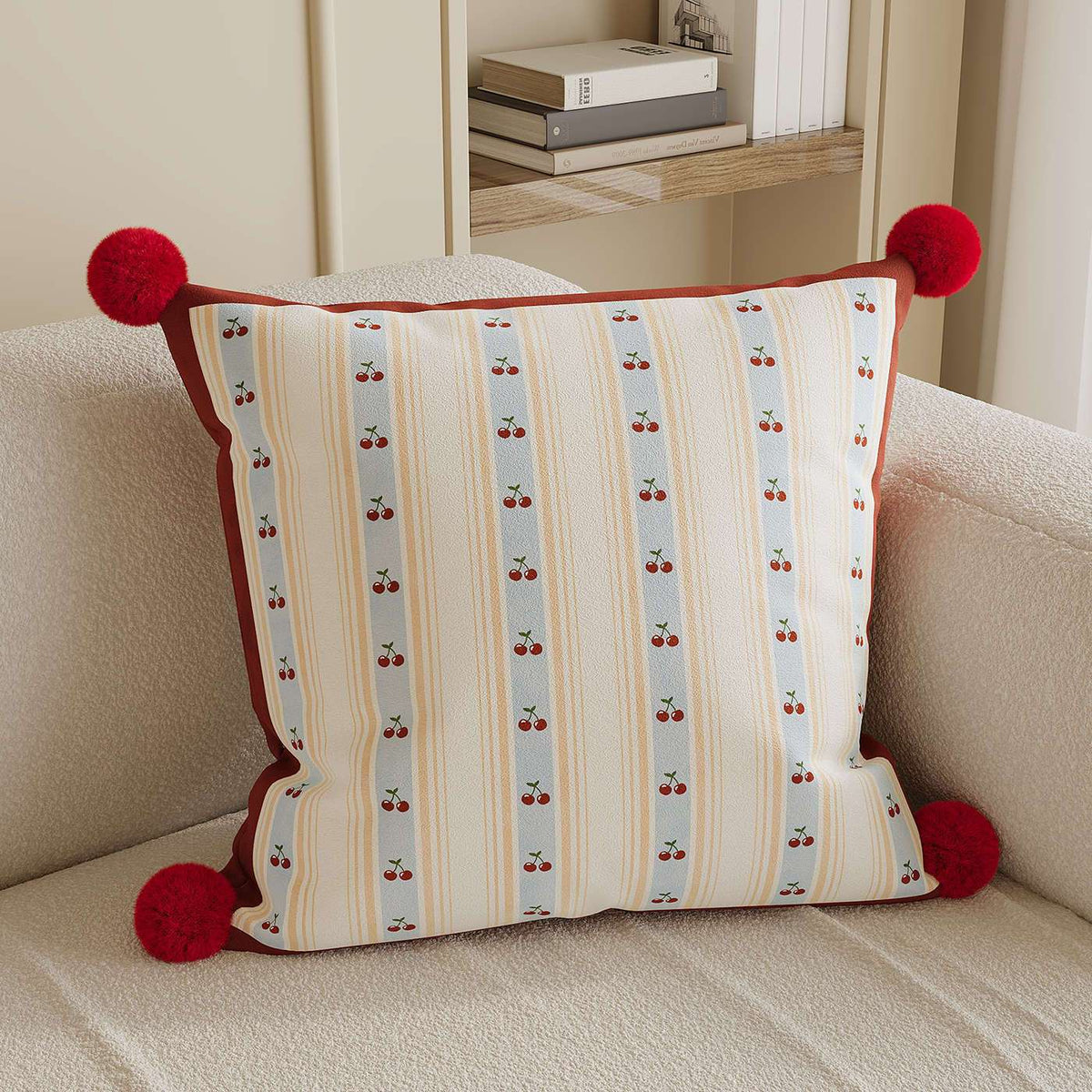 Decorative Throw Pillow Heart Stripe & Pom-Pom Machine-Washable Cover