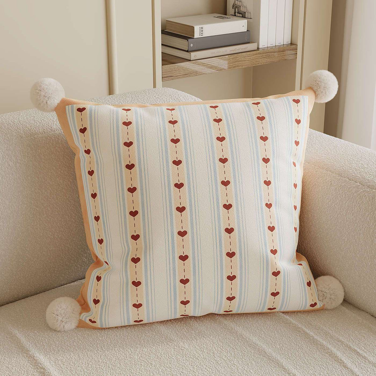 Decorative Throw Pillow Heart Stripe & Pom-Pom Machine-Washable Cover