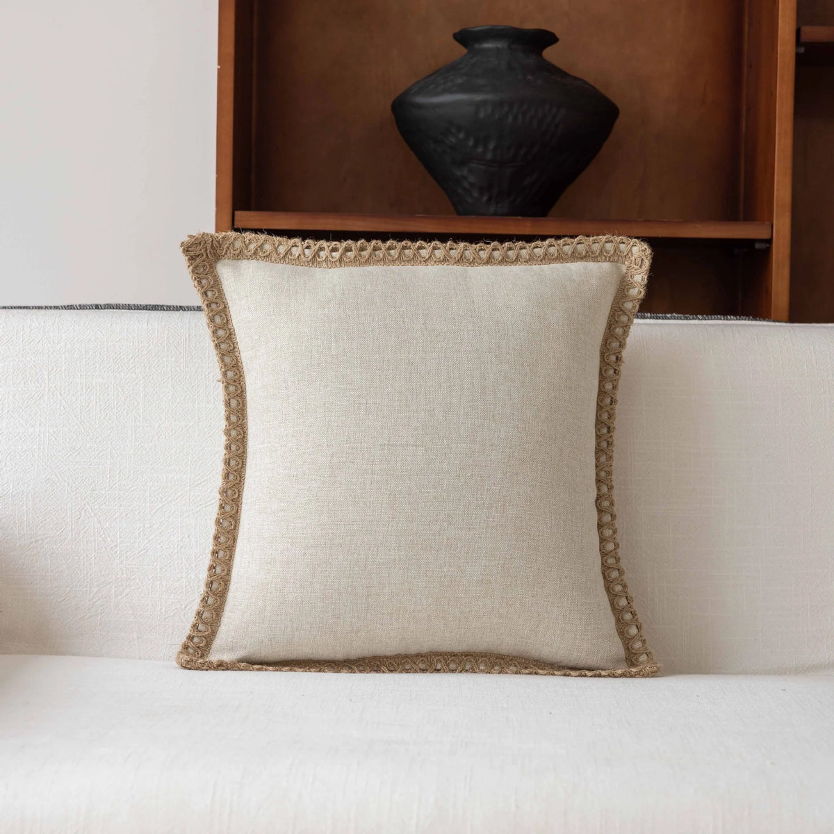Decorative Throw Pillow Linen-Feel Cover & Handwoven Jute Trim