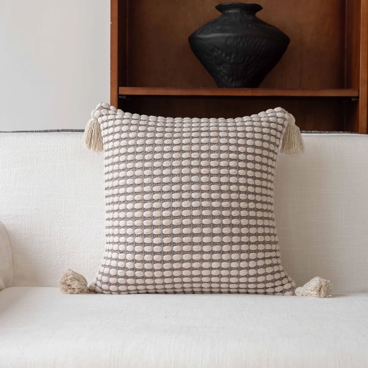 Decorative Throw Pillow Linen-Feel Cover & Handwoven Jute Trim