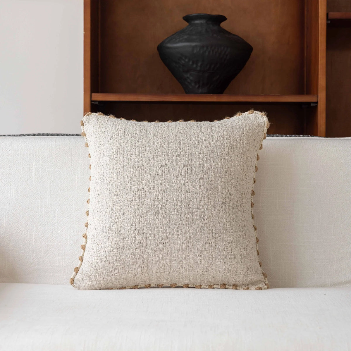 Decorative Throw Pillow Linen-Feel Cover & Handwoven Jute Trim