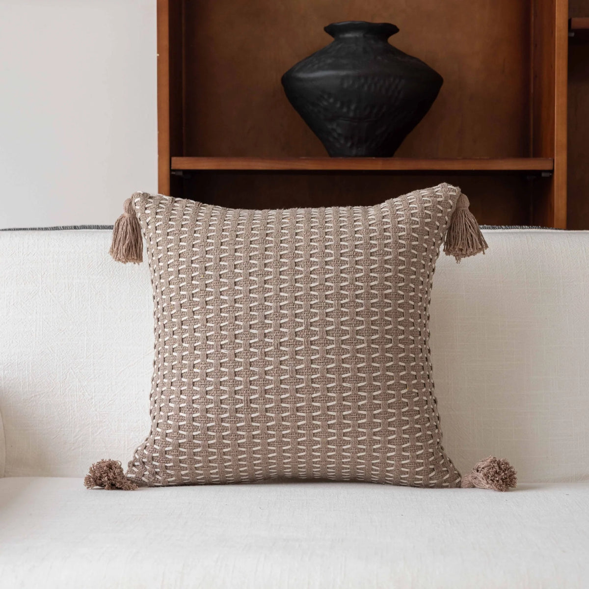 Decorative Throw Pillow Linen-Feel Cover & Handwoven Jute Trim