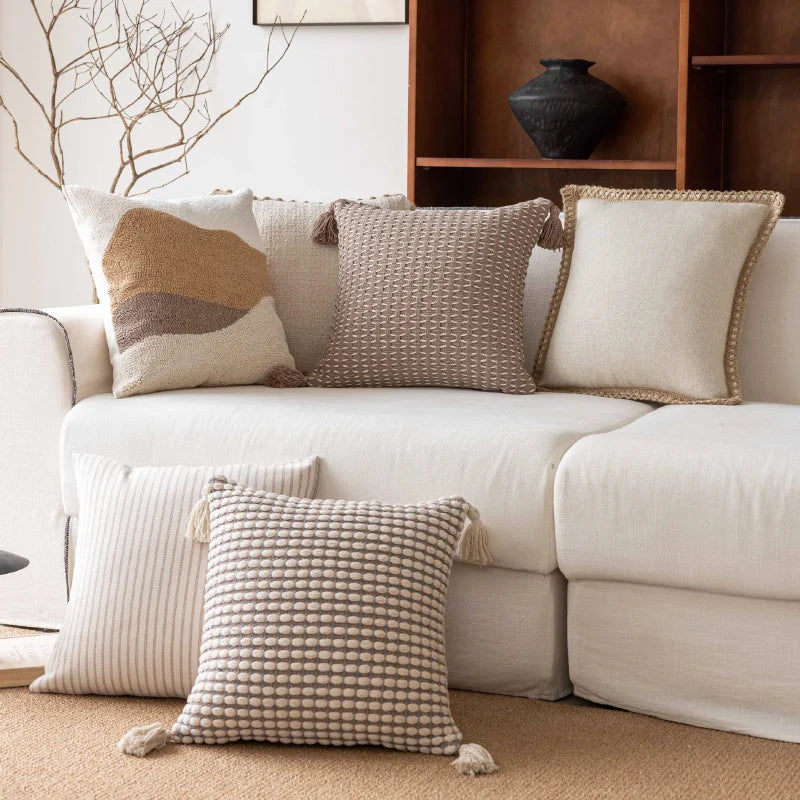 Decorative Throw Pillow Linen-Feel Cover & Handwoven Jute Trim