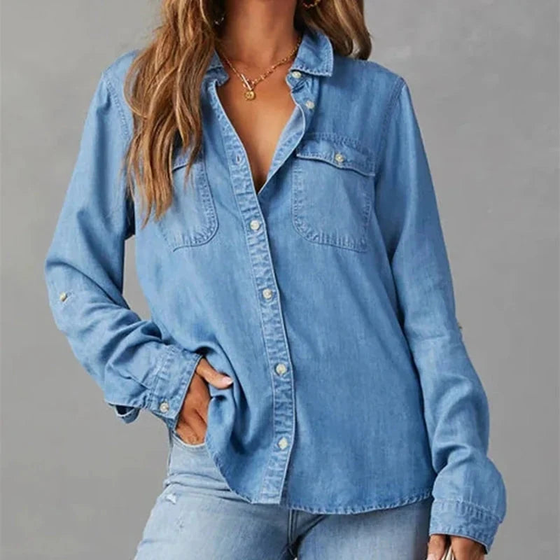 Denim Button-Up Shirt Relaxed Fit Faded Wash Front Pockets