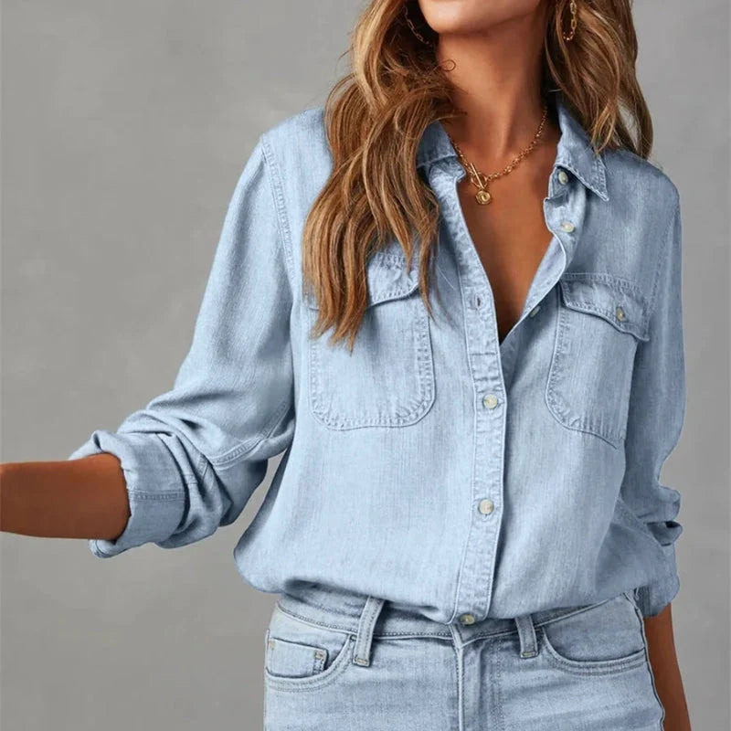 Denim Button-Up Shirt Relaxed Fit Faded Wash Front Pockets