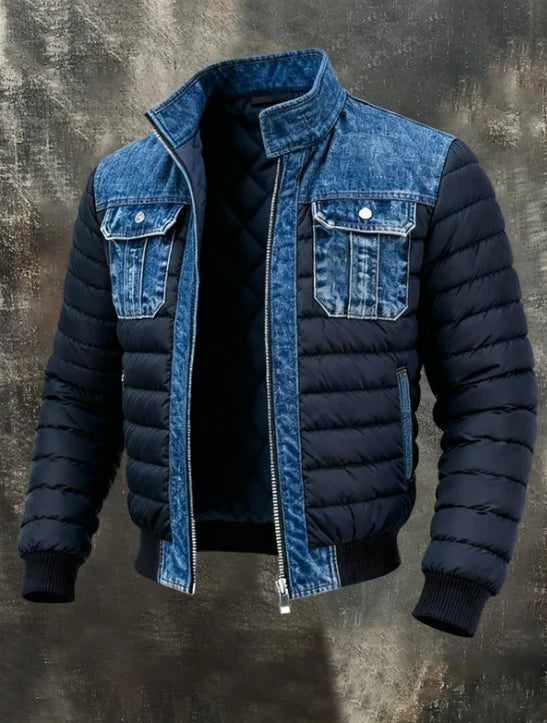Denim Jacket Quilted Lining Stand Collar Front Zipper