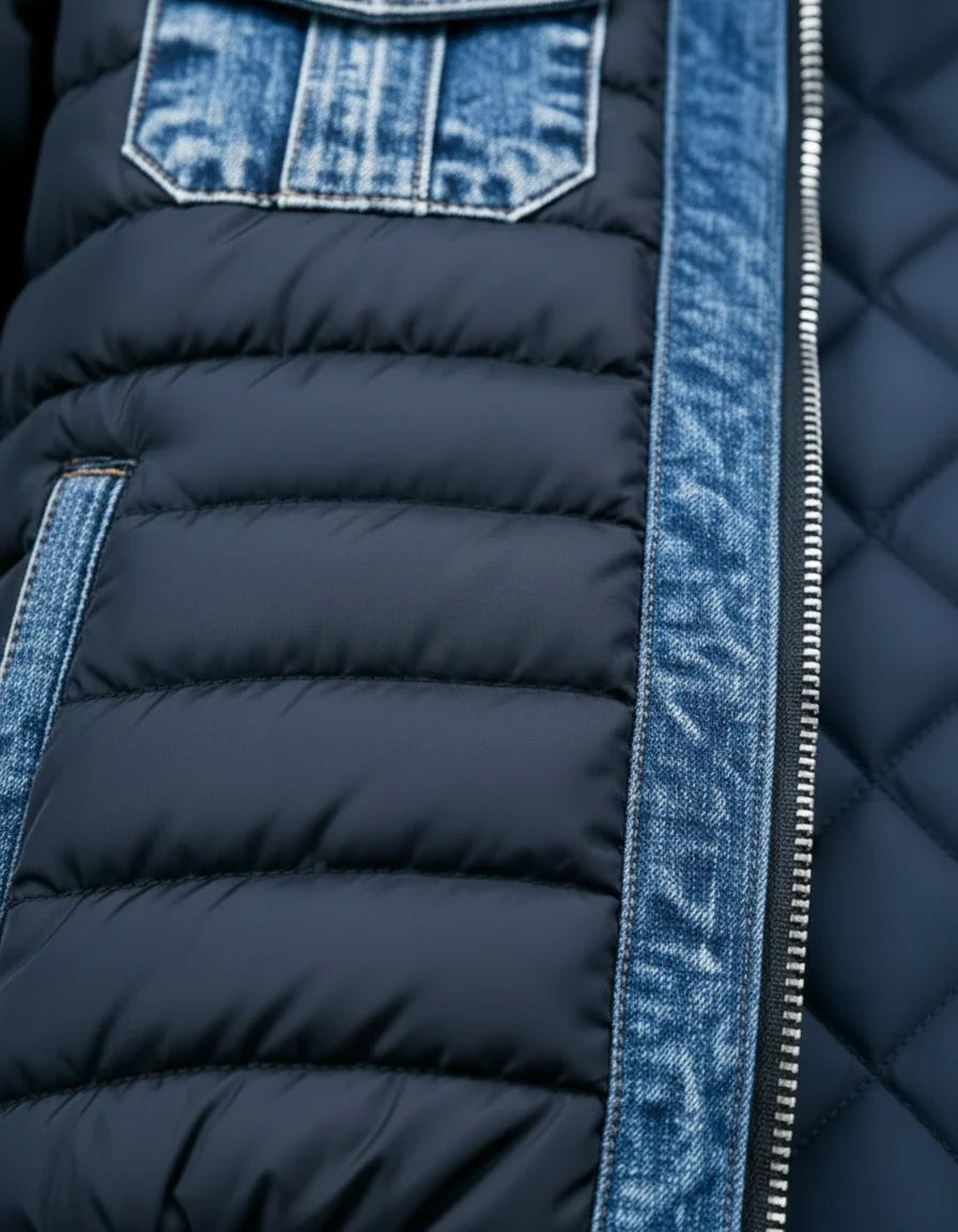 Denim Jacket Quilted Lining Stand Collar Front Zipper