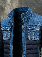 Denim Jacket Quilted Lining Stand Collar Front Zipper
