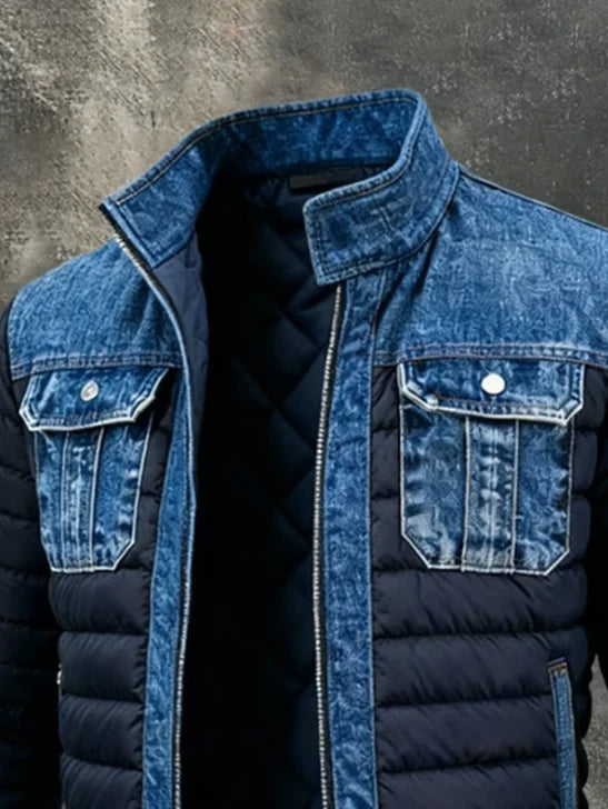 Denim Jacket Quilted Lining Stand Collar Front Zipper