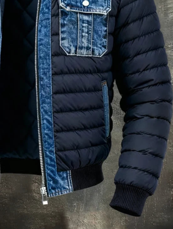 Denim Jacket Quilted Lining Stand Collar Front Zipper