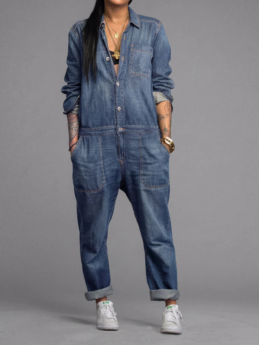 Denim Jumpsuit Lightweight Cotton Button-Front Utility Pockets