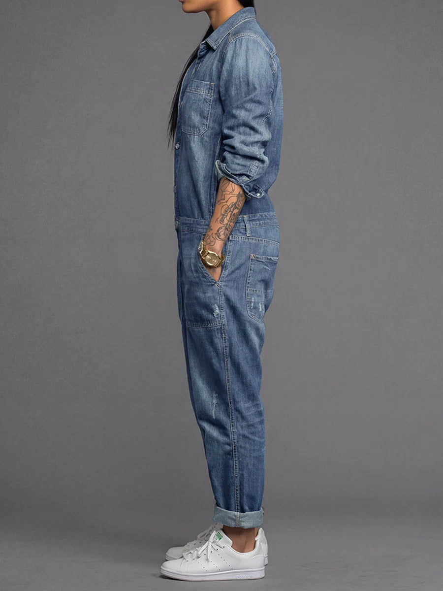 Denim Jumpsuit Lightweight Cotton Button-Front Utility Pockets
