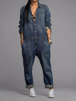 Denim Jumpsuit Lightweight Cotton Button-Front Utility Pockets