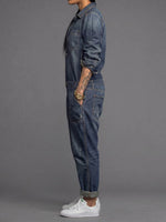 Denim Jumpsuit Lightweight Cotton Button-Front Utility Pockets