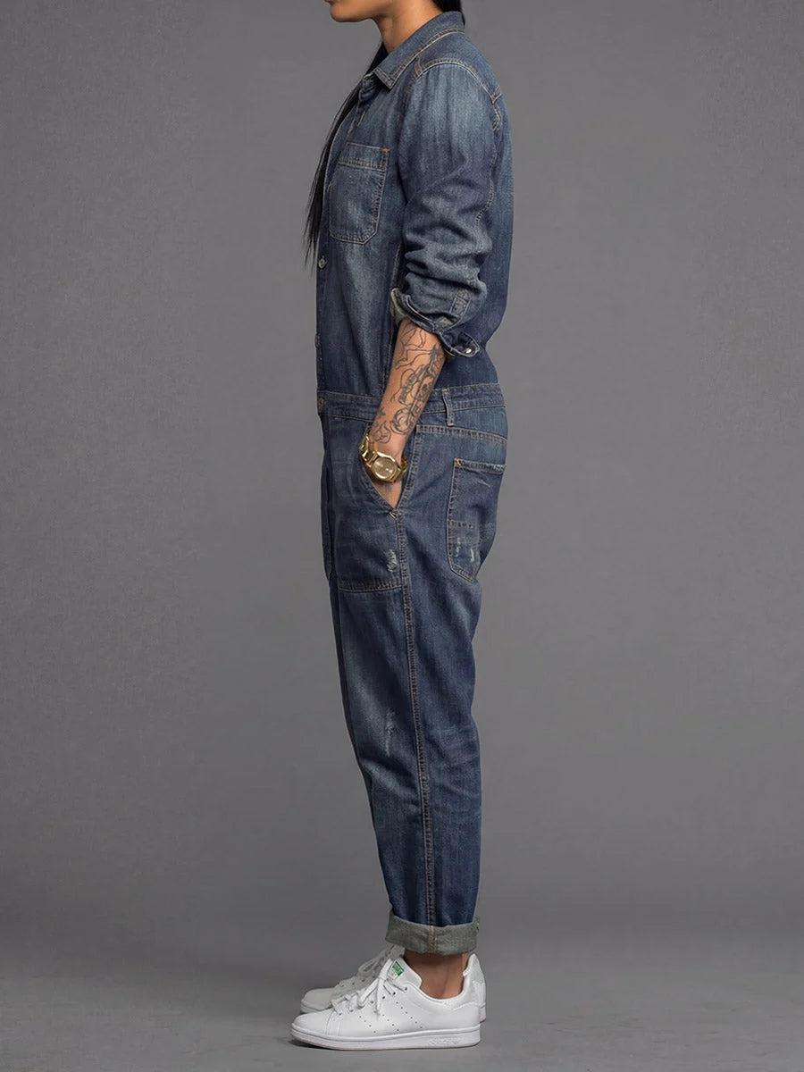 Denim Jumpsuit Lightweight Cotton Button-Front Utility Pockets