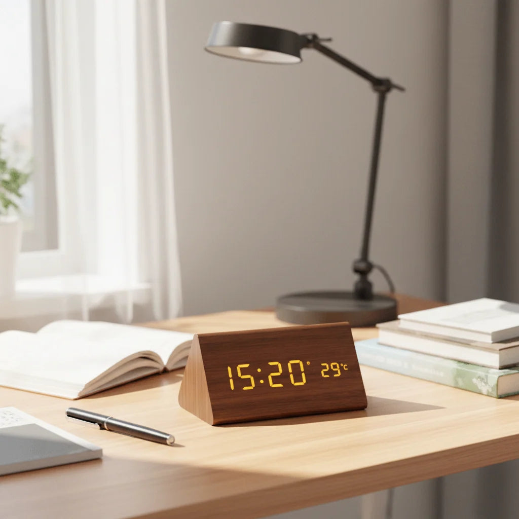 Desk Clock Wooden LED Voice-Activated Alarm Function