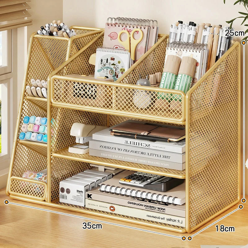 Desk Organizer Metal Mesh Three Angled Compartments Two Shelves non-slip Base