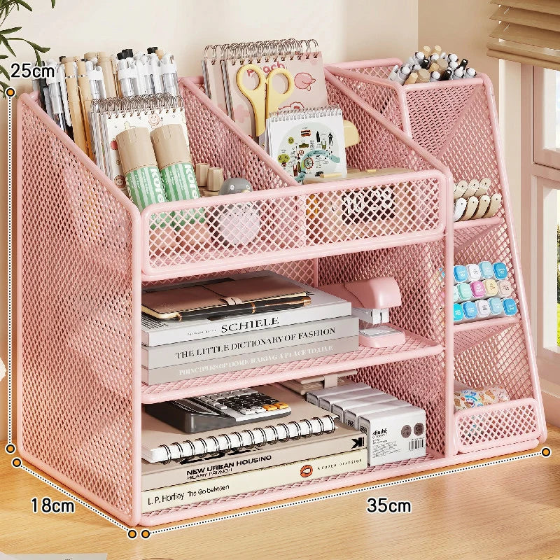 Desk Organizer Metal Mesh Three Angled Compartments Two Shelves non-slip Base