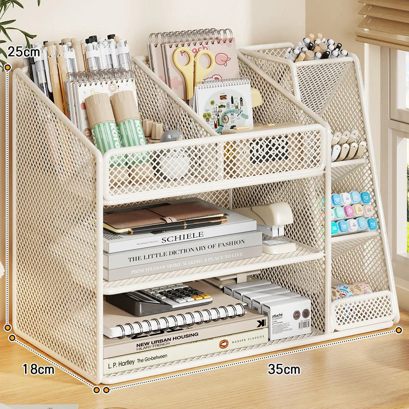 Desk Organizer Metal Mesh Three Angled Compartments Two Shelves non-slip Base